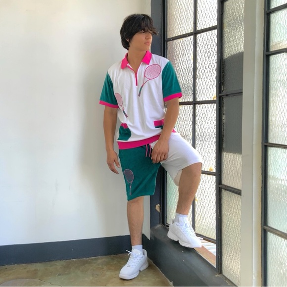 Men’s Fila Tennis Terry Cloth WhiteGreenHot Pink Short Set NWT